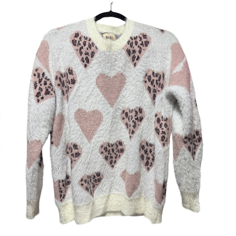 BiBi Women's Cream and Pink Heart Sweater